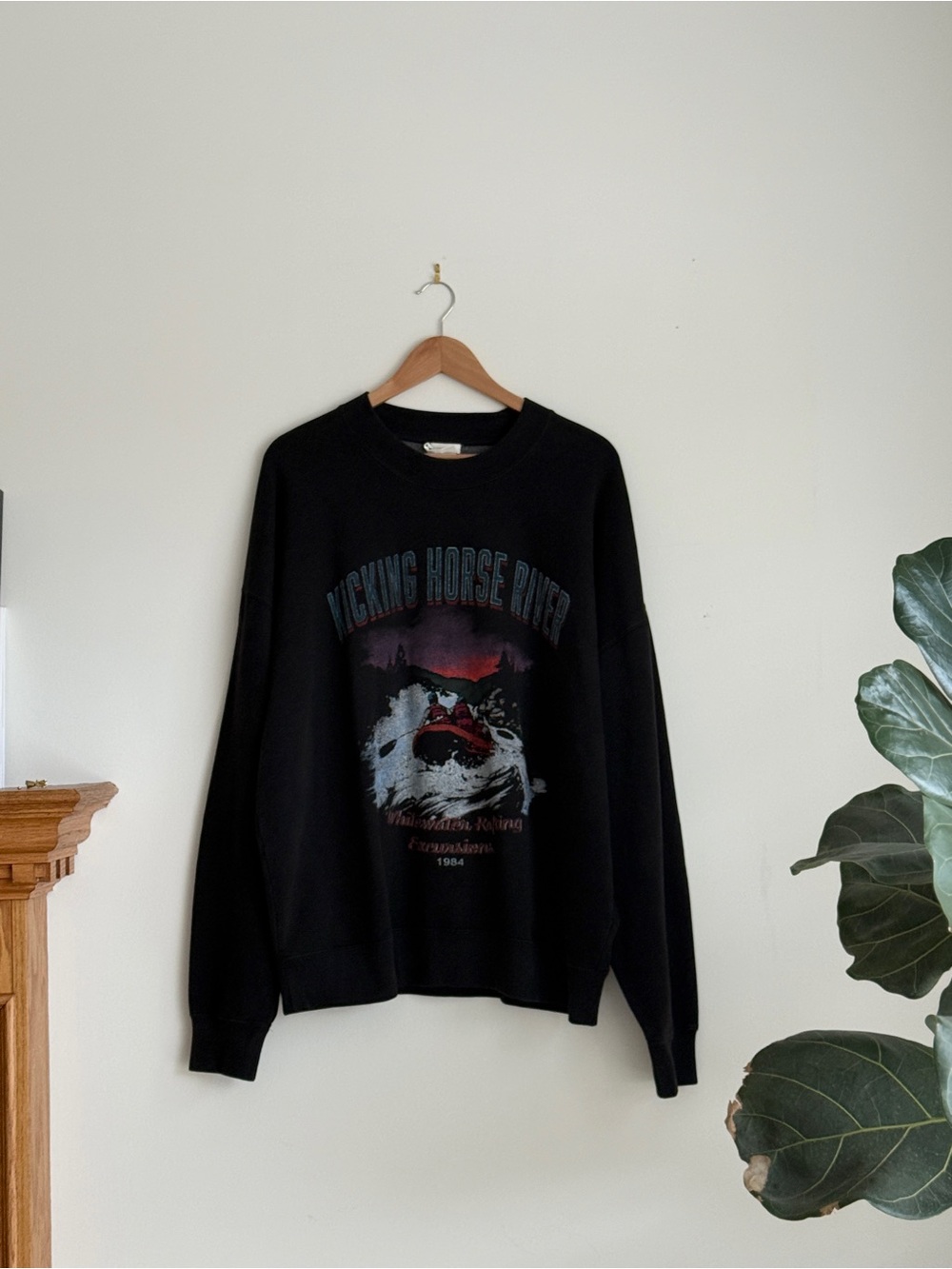 Black Graphic Crewneck Sweatshirt with Vicking Horse River Print